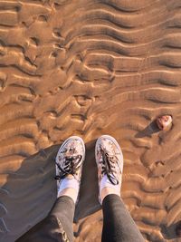 Low section of man standing on sand