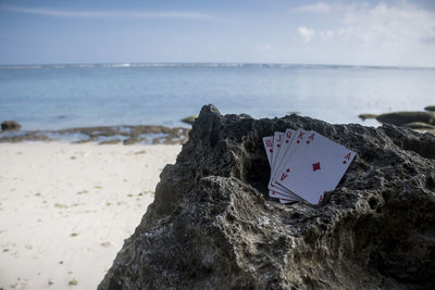 Rock on beach against sky