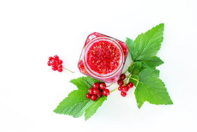 Close-up of red berries over white background