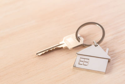 Close-up of key ring on table