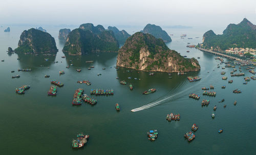 High angle view of boats in sea
