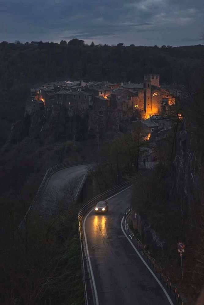 high angle view, outdoors, no people, mountain, tree, illuminated, night, nature, sky