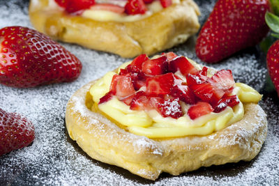 Close-up of strawberry tart on table