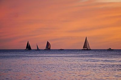 Sailboats sailing on sea against orange sky