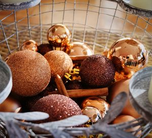 High angle view of baubles in container during christmas