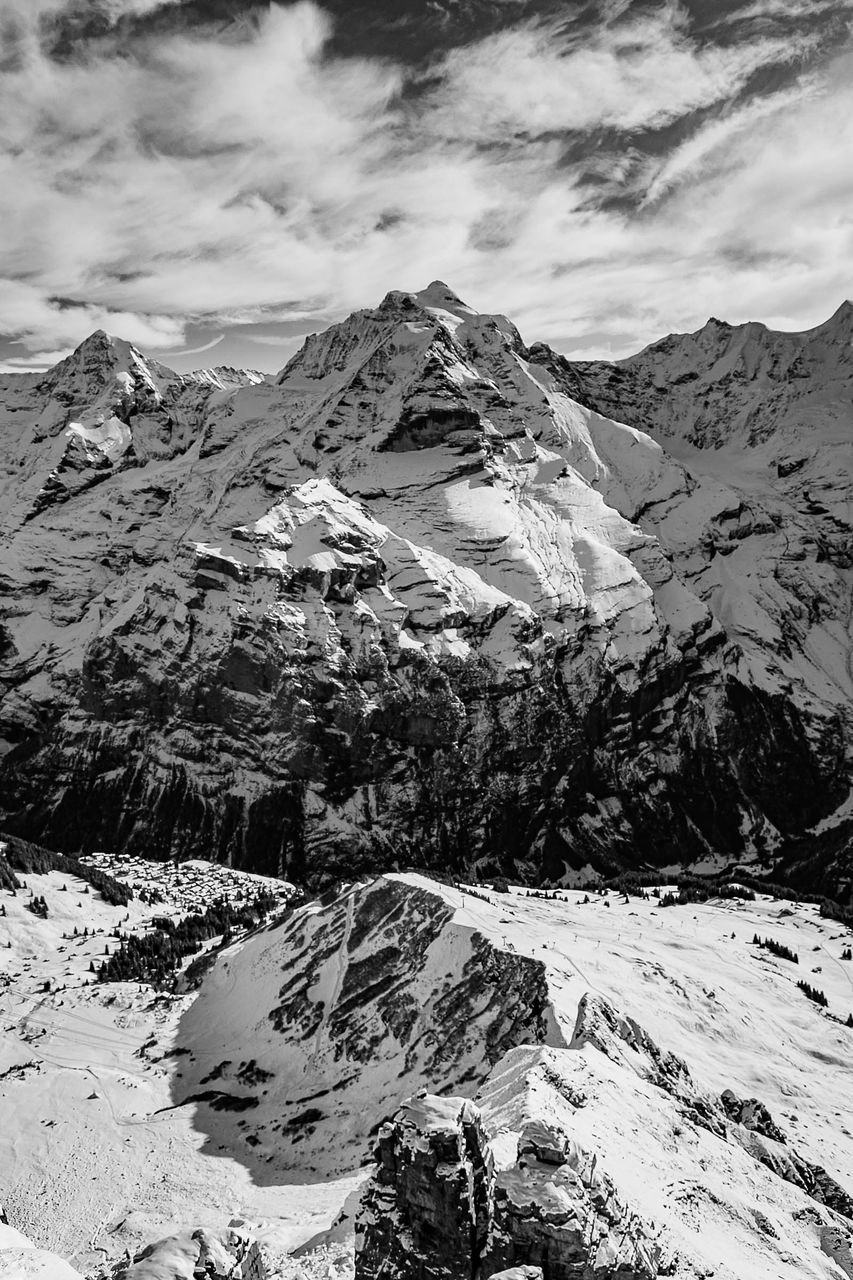 SNOW COVERED MOUNTAINS AGAINST SKY