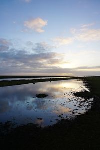 Scenic view of lake against sky during sunset