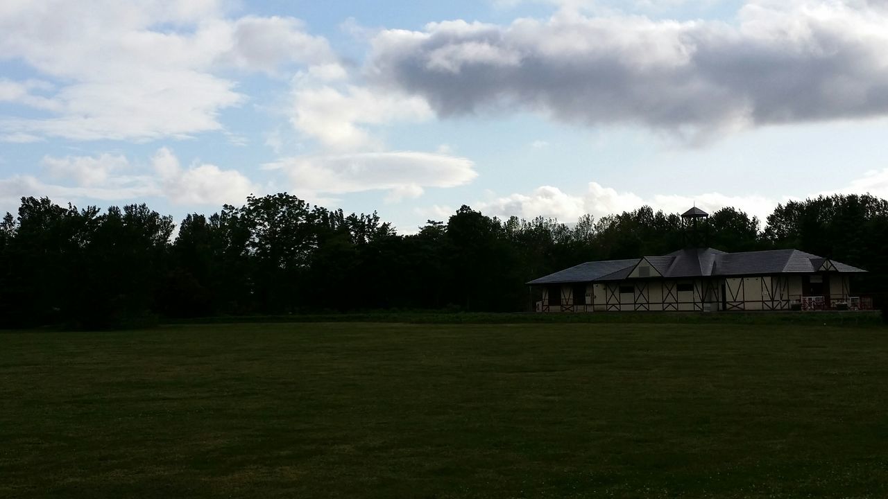 tree, sky, grass, field, landscape, cloud - sky, tranquil scene, tranquility, built structure, architecture, building exterior, scenics, beauty in nature, nature, cloud, cloudy, growth, house, rural scene, mid distance