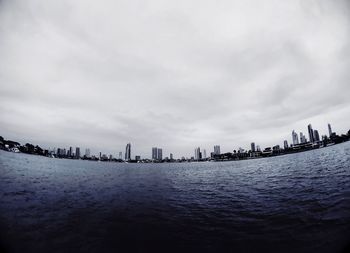 Flock of birds in water against sky