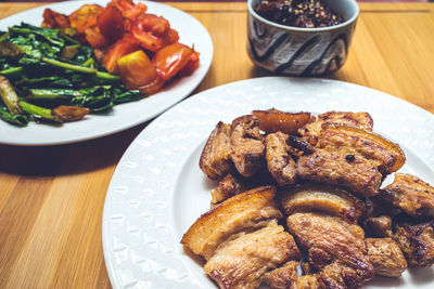 High angle view of food served on table