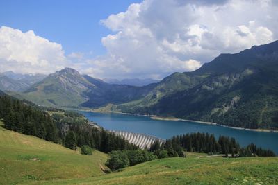 Scenic view of lake and mountains against sky