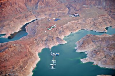 Aerial shot of a marina in lake powell