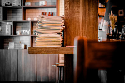 Close-up of stack of table