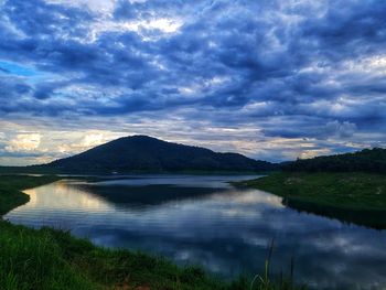 Scenic view of lake against sky during sunset