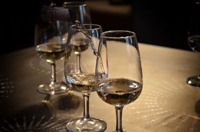 Close-up of wine glasses on table