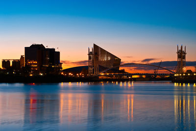 Illuminated city at waterfront during sunset