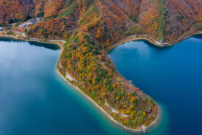 Nature landscape aerial view lake shojiko and mountain at autumn in japan