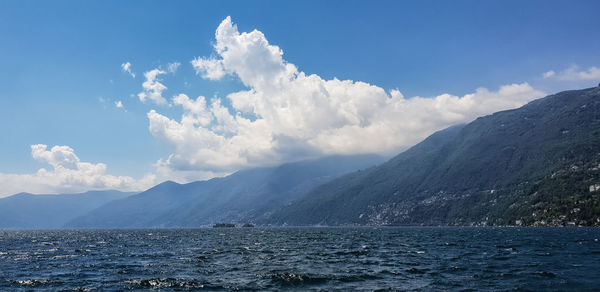 Scenic view of sea and mountains against sky