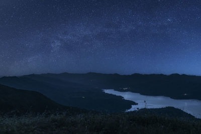 Scenic view of mountains against sky at night