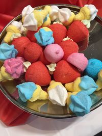 High angle view of multi colored candies in bowl