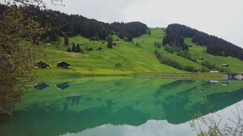 Scenic view of green landscape and lake against sky