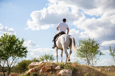 Rear view of man riding horse