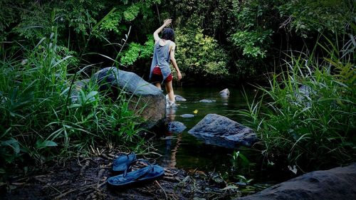 Rear view of woman in lake in forest