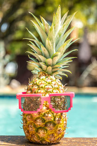 Funny summer picture. a pineapple with pink du glasses