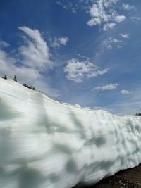 Low angle view of snowcapped mountain against sky