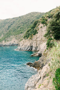 Scenic view of sea and mountains against sky