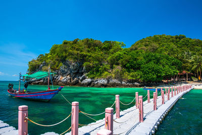 Scenic view of sea against clear blue sky