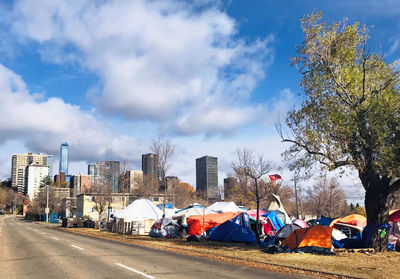 Homeless camp in the downtown district of edmonton, alberta.  covid-19
