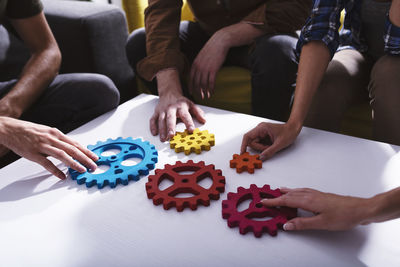 High angle view of people on table