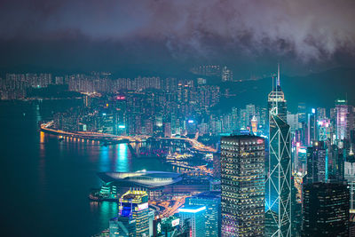 Aerial view of illuminated buildings in city at night