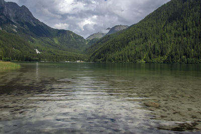 Scenic view of lake by mountains against sky