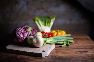 Close-up of chopped vegetables on cutting board