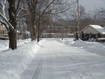 Snow covered footpath amidst trees and buildings in city