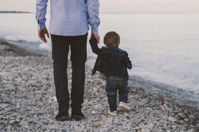 Rear view of father with son walking on shore at beach