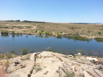 Scenic view of lake against clear sky