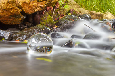 Crystal ball in stream at forest