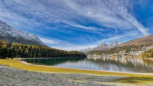 Scenic view of lake and mountains against sky