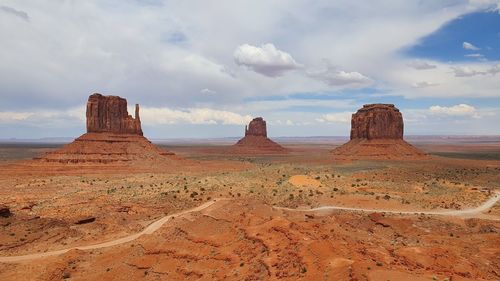 View of desert against cloudy sky, monument valley