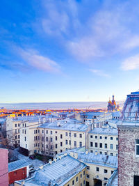 High angle view of buildings against sky