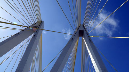 Low angle view of suspension bridge against blue sky