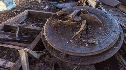 High angle view of old rusty metal