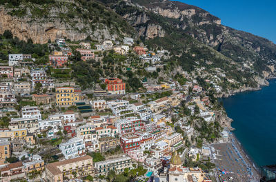 Aerial view of town by sea