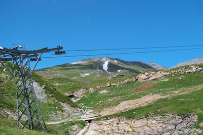 Scenic view of mountains against clear blue sky