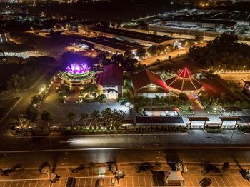 High angle view of illuminated city at night