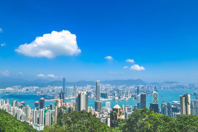 Panoramic view of modern buildings against blue sky