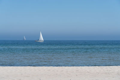 Sailboat sailing on sea against clear sky and white beach in foreground